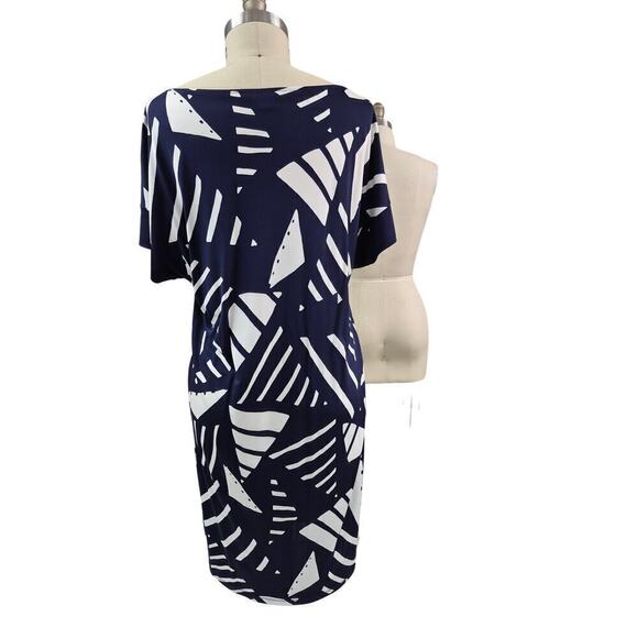 LRL Lauren Ralph Lauren Navy blue/ white geo design Shift dress Viscose Sz  L - Picture 6 of 8